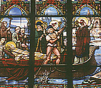 saints Mars, Aubin et Laud accompagnent saint Melaine vers sa sépulture à Rennes, Vitrail de l'église de Bais