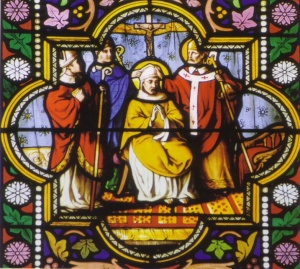 saint Corentin sacré évêque par saint Martin. Vitrail de la cathédrale de Quimper