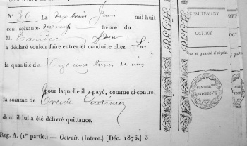 Quittance d’octroi 16 06 1876, Ergué-Gabéric