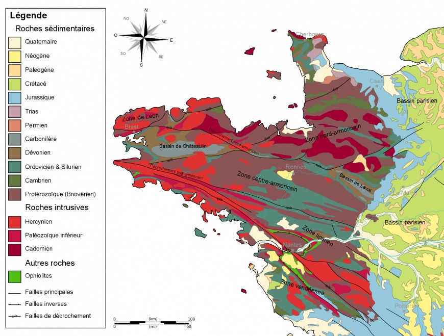 Carte géologique du Massif Armoricain (BRGM, "Carte géologique de la France", édition 1996, Gallica)