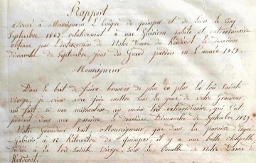 Rapport adressé à Monseigneur l’Évêque de Quimper et de Léon le cinq septembre 1867, relativement à une guérison subite et extraordinaire obtenue par l'intercession de Notre Dame de Kerdévot le 2e dimanche de septembre, jour du Grand pardon en l'année 1849.