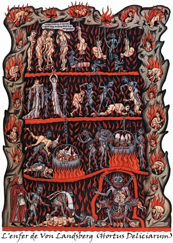 L'enfer dans l' Hortus Deliciarum de Herrade de Landsberg (autour de 1180). 