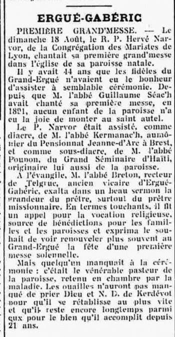 Progrès du Finistère, grand'messe d'Hervé Narvor en août 1935