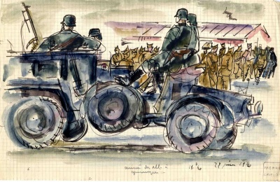 Arrivée des troupes allemandes à Quimper en juillet 1940. Dessin de Pierre Cavellat, Adf 18 Fi 167