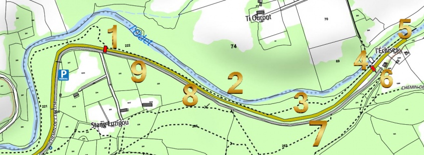 Le circuit sur le sentier de randonnée (en pointillé) le long du canal à sec (en marron) en démarrant à la passerelle de Stang-Luzigou (en rouge), la 5e étape étant au-delà de la passerelle de Coat-Piriou (rouge), et le retour par le chemin charretier (en jaune) longeant également le canal.