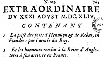 Extraordinaires de la Gazette datée du 31 août 1644