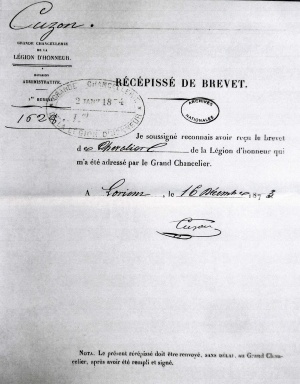 Pierre Marie Chevalier de la Légion d'Honneur : Récépissé du brevet