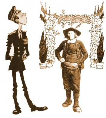 En 1882, un préfet coiffé d'un képi, et non d'une casquette, et un paysan bas-breton en chupenn.