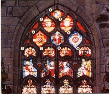 Fig. 4. - Ergué-Gabéric, église Saint-Guinal, maîtresse-vitre, 1516. Blasons 1-3 : Bretagne et France en alliance ; 4 : Coetanezre (de Lesergué) ; 6 : Cabellic (de Lesergué) ; 7 Coetanezre et Cabellic en alliance ; 8 : Autret (de Lesergué), Coetanezre et Cabellic en alliance ;9 : Coetnezre et Lescuz en alliance.Cliché N. Bernard.